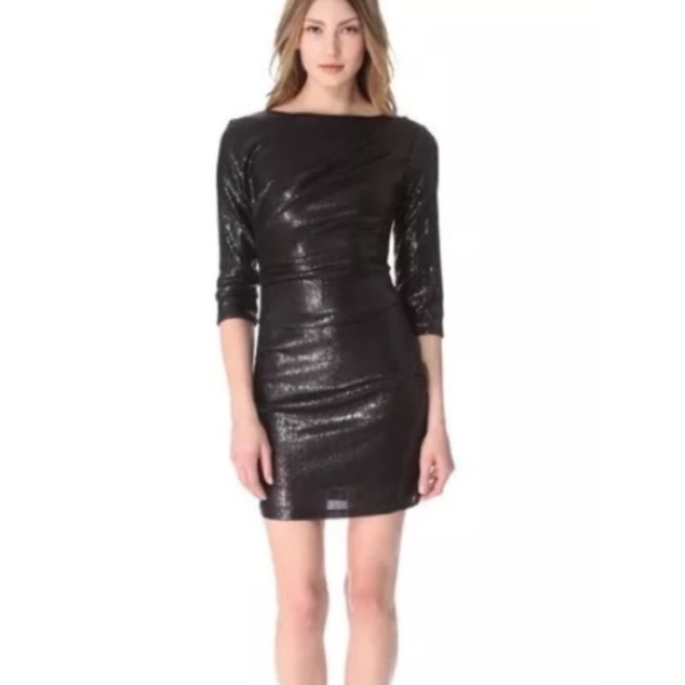 Parker Black Sequin Mini Ruched Dress Large